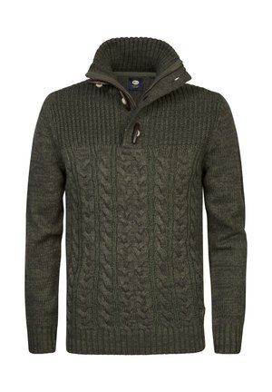 Suéter de punto trenzado de color verde oscuro con un cuello alto, patrones texturizados y acentos marrones. Cuenta con un cierre de media cremallera y puños y dobladillo acanalados.