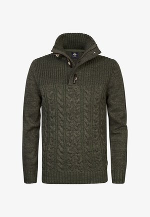 Suéter de punto trenzado de color verde oscuro con un cuello alto, patrones texturizados y acentos marrones. Cuenta con un cierre de media cremallera y puños y dobladillo acanalados.