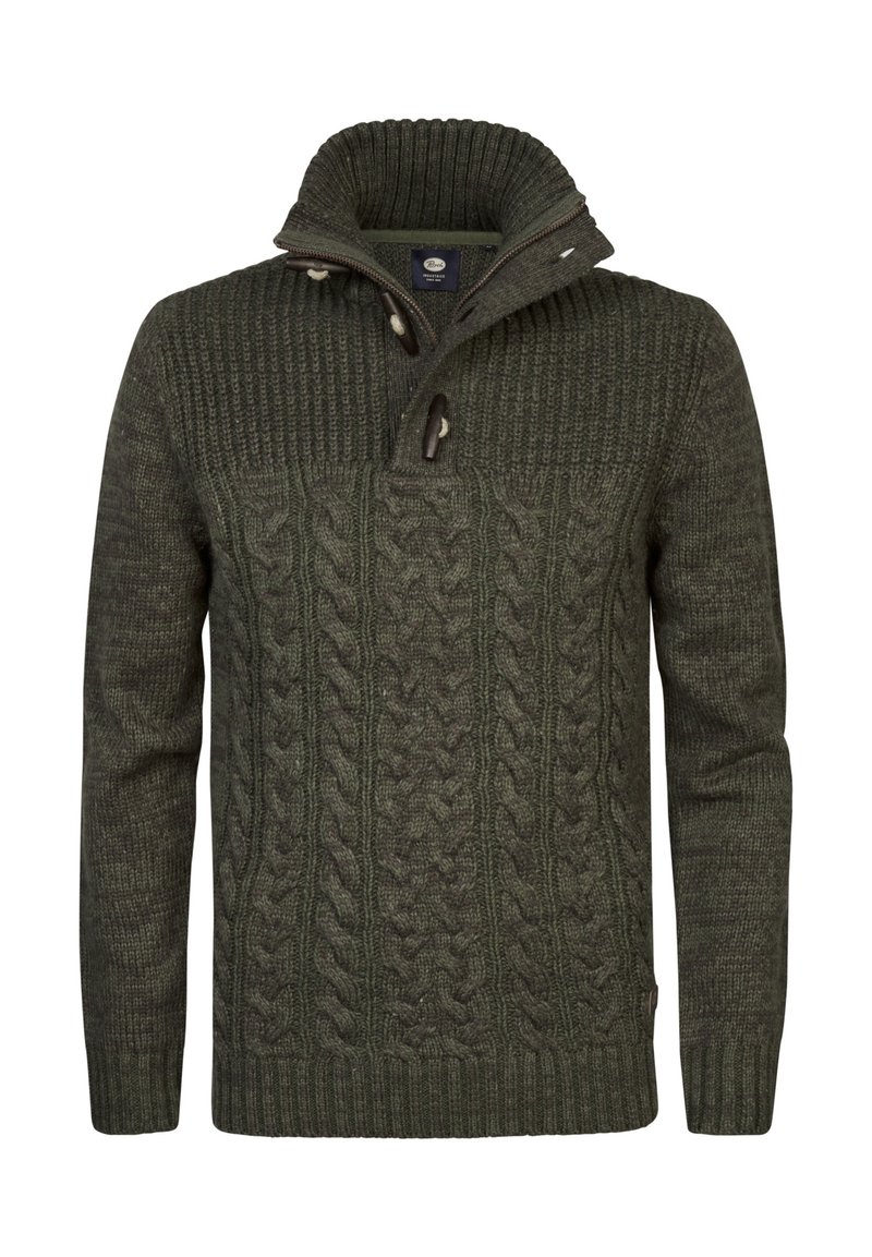 Dunkelgrüner Kabelstrickpullover mit hohem Kragen, strukturierten Mustern und braunen Akzenten. Verfügt über einen halben Reißverschluss sowie gerippte Bündchen und Saum.