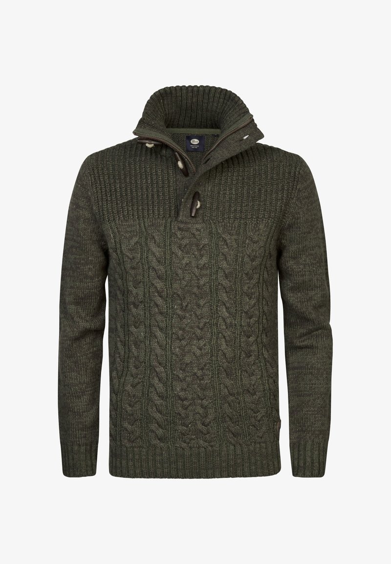 Pull en maille torsadée vert foncé avec un col montant, motifs texturés et accents marron. Avec une demi-fermeture éclair et des poignets et un ourlet côtelés.