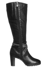 Bota de cuero negro hasta la rodilla con punta redonda, acabado texturizado, cremallera lateral y detalles decorativos de correas. Tacón ancho para mayor estabilidad.