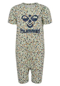 Kombinezon z krótkim rękawem w jasnoniebieskim kolorze z wzorem w kropki w odcieniach pomarańczowym, granatowym i białym. Posiada duże granatowe logo "hummel" z przodu.
