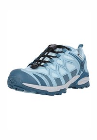 Light blue athletic shoe with a textured surface, black elastic laces, reinforced toe cap, and a contrasting dark blue sole design.