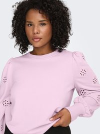 Light pink sweatshirt with puffed sleeves featuring floral cut-out details. Made of soft material with a relaxed fit and ribbed cuffs.