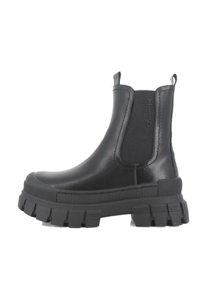 Botas Chelsea negras de cuero con suela de goma gruesa. Cuentan con paneles laterales elásticos y una asa en la parte posterior para facilitar su uso.