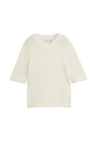 Maglione a maglia testurizzata color crema con maniche corte e colletto a girocollo ribassato, polsini e orlo a costine.