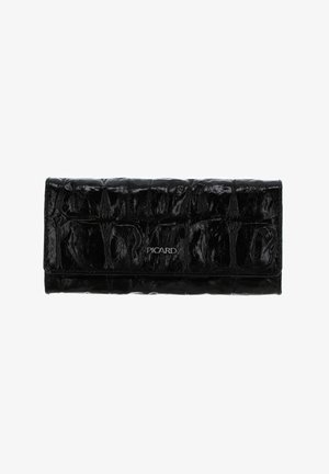 Portefeuille en cuir noir texturé avec logo argenté « PICARD » centré sur le rabat avant sur fond blanc.