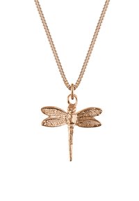 Rosenvergoldete Libellen-Halskette mit aufwendigen Flügeldetails, die an einer feinen Kette hängt. Das Design zeichnet sich durch strukturierte und glatte Oberflächen aus.
