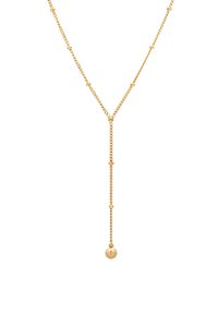 Collier en chaîne dorée avec un design en forme de Y, présentant des accents perlés et un charm sphérique pendentif au centre.