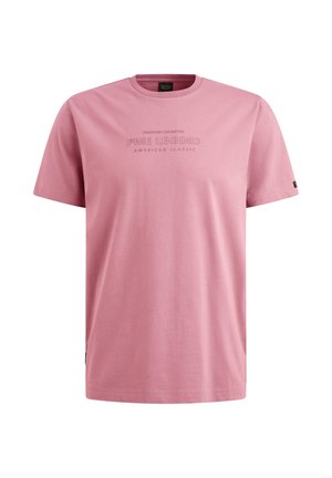 Helles rosa T-Shirt mit kurzen Ärmeln aus Baumwolle, das auf der Vorderseite den geprägt Text "PME LEGEND AMERICAN CLASSIC" zeigt. Klassisches Rundhalsdesign.