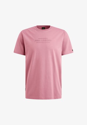 Helles rosa T-Shirt mit kurzen Ärmeln aus Baumwolle, das auf der Vorderseite den geprägt Text "PME LEGEND AMERICAN CLASSIC" zeigt. Klassisches Rundhalsdesign.