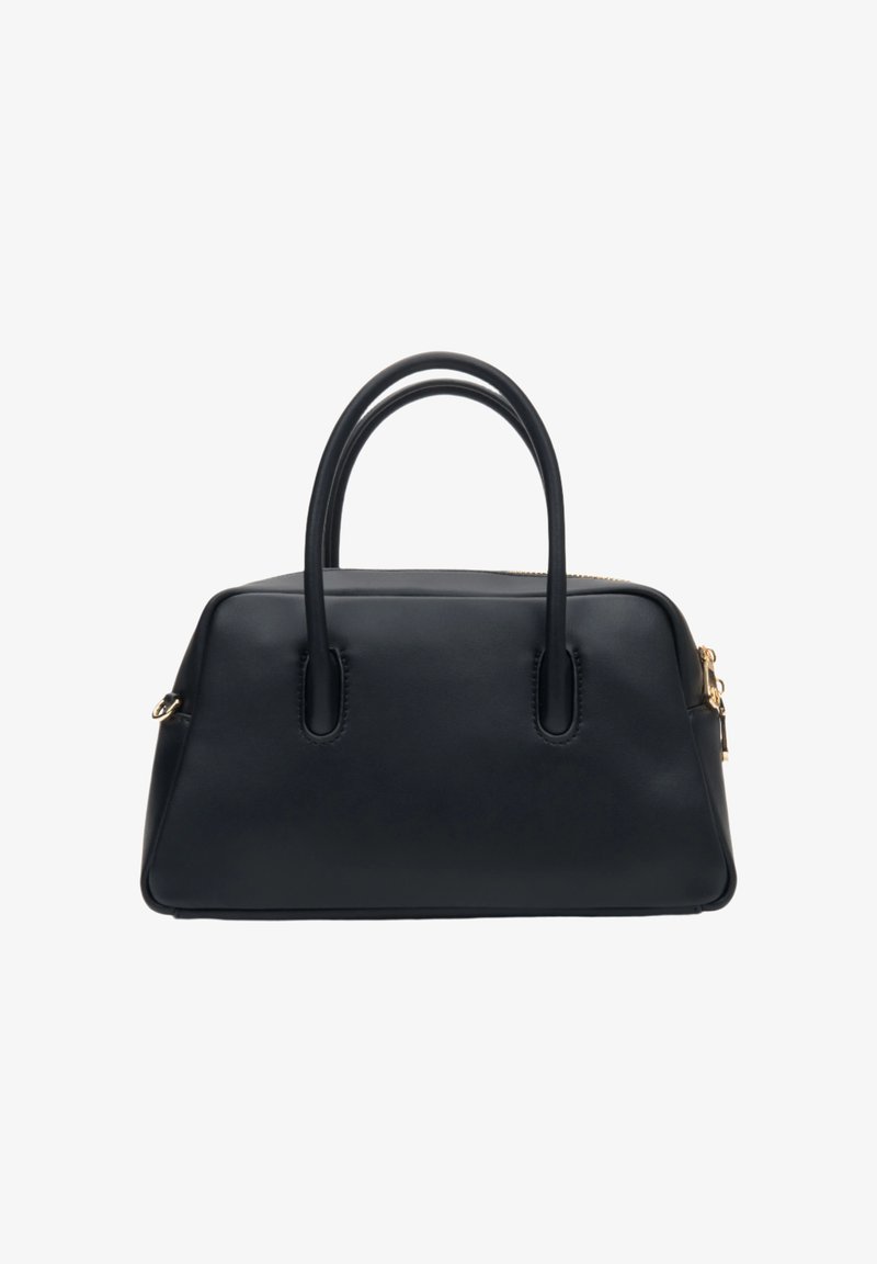 Czarna skórzana torebka o strukturalnym kształcie, z dwoma uchwytami i złotymi akcentami. Gładka faktura i zamek błyskawiczny.