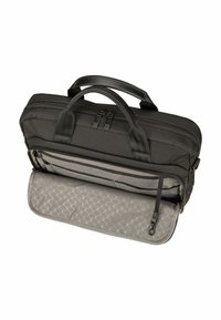 Schwarze Laptop-Tasche mit zwei Griffen, offener Fronttasche, die das grau hexagonal gemusterte Innenleben zeigt, sowie einem befestigten Clip für Schlüssel oder Zubehör.