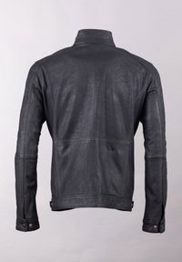 Black leather jacket with a smooth texture, high collar, and fitted design. Features stitching details and snap closures at the cuffs.