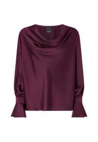 Bluzica s kapuljačom u tamno burgundijskoj boji, izrađena od glatkog satena. Ima duge, nabirane rukave s lepršavim manžetama. Jednostavan, elegantan dizajn.