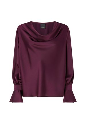 Bluzica s kapuljačom u tamno burgundijskoj boji, izrađena od glatkog satena. Ima duge, nabirane rukave s lepršavim manžetama. Jednostavan, elegantan dizajn.