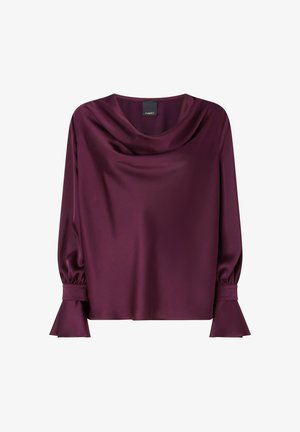 Blusa de cuello de cowl en burdeos profundo, hecha de satén suave. Presenta mangas largas con fruncidos y puños acampanados. Diseño simple y elegante.