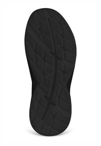 Schwarze Gummisohle mit einem strukturierten Profilmuster aus Rautenformen und Rillen für Traktion und Grip. Glatte Kanten, langlebiges Material.