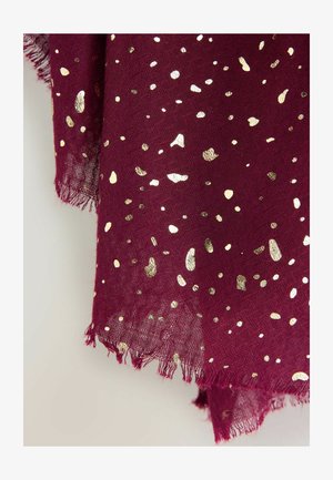 Burgundia sall, millekuldsete mustriga, kerge kangas, tukatud servad ja tekstuuriline kudumine, mõõtmed umbes 70 tolli x 30 tolli.