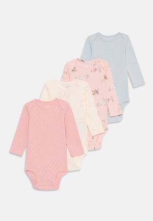Four long-sleeve bodysuits in pink, cream, and blue colors, featuring animal patterns and a striped design. Made from soft cotton material.