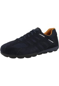 Navy blue athletic shoe with suede and mesh upper; rubber outsole; round toe; laces; orange interior accents; three side stripes.