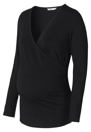 Zwarte langemouwen zwangerschapsblouse met een diepe V-hals en ruches aan de zijkant. Gemaakt van een zachte, rekbare stof voor comfort tijdens de zwangerschap.