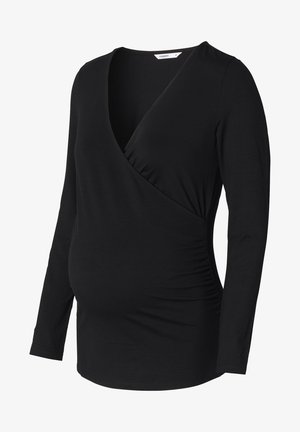 Blusa de maternidad negra de manga larga con escote en V profundo y fruncido en los laterales. Fabricada con tejido suave y elástico para mayor comodidad durante el embarazo.