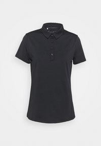 Czarna koszulka polo z krótkim rękawem wykonana z gładkiej tkaniny, z kołnierzykiem, patką na guziki i prostym dołem.