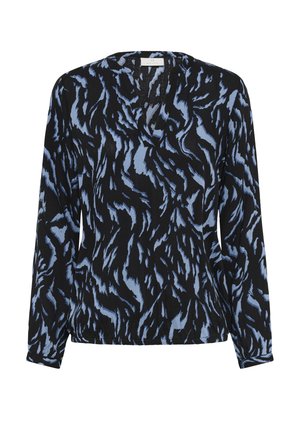 Long-sleeve blouse in black with blue abstract pattern, featuring a V-neck and textured fabric that drapes softly.