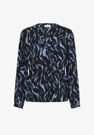 Bluză cu mânecă lungă, de culoare neagră, cu un model abstract albastru, având gât V și un material texturat care se așează delicat.