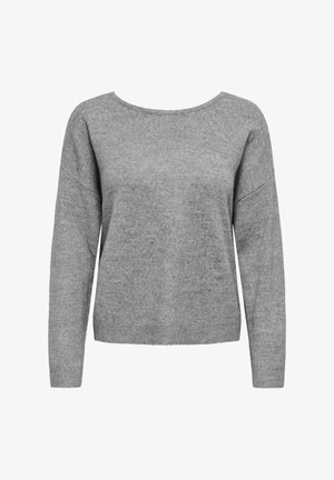 Grauer Pullover mit Bootsausschnitt, langen Ärmeln und lockerer Passform. Hergestellt aus weichem Strickmaterial mit glatter Textur und minimalen Details.