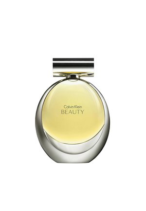 Genomskinlig glasparfymflaska med oval form, silverfärgad kork och en gul vätska. Har etiketten "Calvin Klein BEAUTY" i svart text.