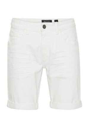 White denim shorts with a folded hem, featuring front pockets and a top button closure. Smooth texture with subtle creases.