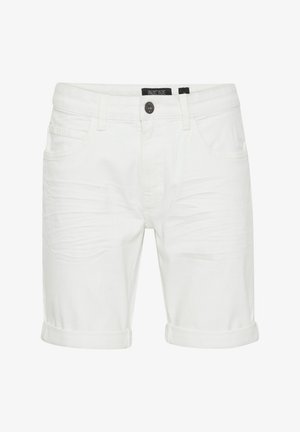 Hvite denimshorts med brett kant, med frontlommer og lukking med toppknapp. Jevn tekstur med subtile folder.