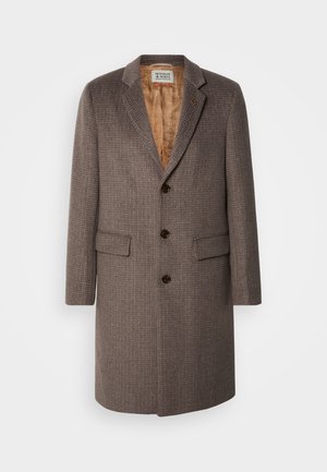 Brown checked overcoat with three buttons, notch lapels, and two front pockets. Lined with a patterned light brown fabric.
