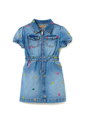 Robe courte à manches courtes en denim bleu avec fermeture éclair frontale, deux poches poitrine, taille élastique et petites fleurs brodées colorées partout.