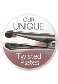 Lisseur de cheveux noir avec des plaques en or rose torsadé. Dispose d'un design élégant et de bords arrondis pour un coiffage facile. Le texte indique "Nos plaques torsadées uniques."