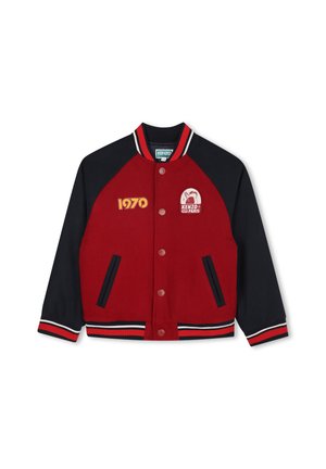 Red and navy varsity jacket made of wool blend, featuring snap buttons, ribbed cuffs, two side pockets, and embroidered details including "1970."