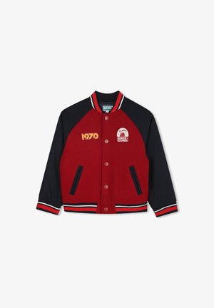 Red and navy varsity jacket made of wool blend, featuring snap buttons, ribbed cuffs, two side pockets, and embroidered details including "1970."
