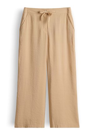 Beige Weitbein-Hosen mit Seitentaschen und Kordelzug in der Taille, aus leichtem Stoff.