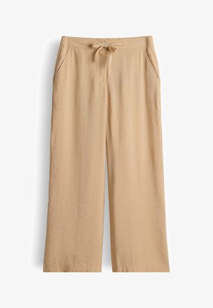 Beige Weitbein-Hosen mit Seitentaschen und Kordelzug in der Taille, aus leichtem Stoff.