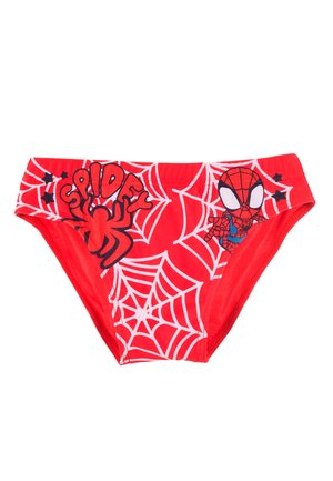 Rote Schwimmslips mit Spider-Man-Motiven und schwarzen Spinnennetzdesigns, mit einer weichen Textur und elastischem Bund.