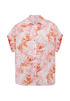 Kurzärmeliges Hemd zum Knöpfen mit orange-weißem, abstraktem Blattmuster und spitzem Kragen.