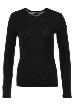 Black long-sleeve T-shirt with a V-neckline, made of soft fabric, featuring a fitted shape and smooth texture. No visible patterns or accents.