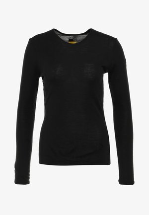 Black long-sleeve T-shirt with a V-neckline, made of soft fabric, featuring a fitted shape and smooth texture. No visible patterns or accents.