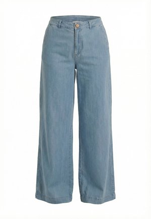 Pantaloni di jeans a gamba larga azzurri con chiusura a bottone e tasche laterali, mostrati su uno sfondo bianco.