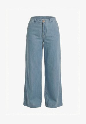 Pantaloni di jeans a gamba larga azzurri con chiusura a bottone e tasche laterali, mostrati su uno sfondo bianco.