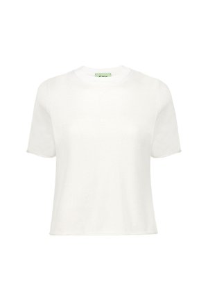 Maglietta a maniche corte bianca in maglia con scollo tondo e silhouette leggermente aderente, esposta su uno sfondo bianco uniforme.