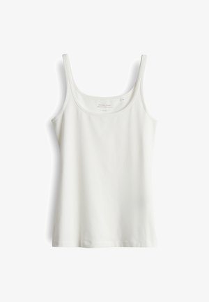 Weißes, ärmelloses Tanktop mit Rundhalsausschnitt. Hergestellt aus weichem, glattem Stoff. Mit einem schlichten, geraden Saum ohne Muster oder Akzente.