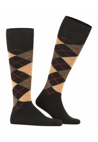 Calze nere alte fino al ginocchio, con un motivo argyle beige e marrone e cuciture accentate in rosso. Realizzate in un materiale morbido e testurizzato.